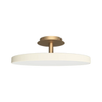 Disc LED ceiling light with brass stem, in pearl white