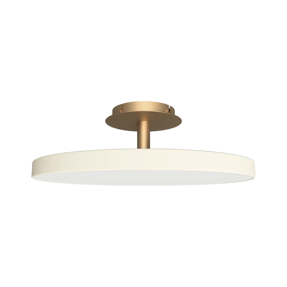 Disc LED ceiling light with brass stem, in pearl white