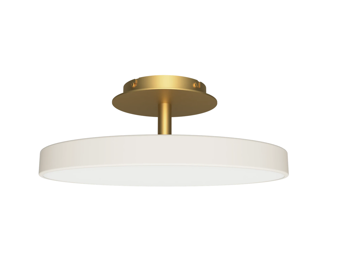 Disc LED ceiling light with brass stem, in pearl white
