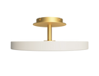 Disc LED ceiling light with brass stem, in pearl white