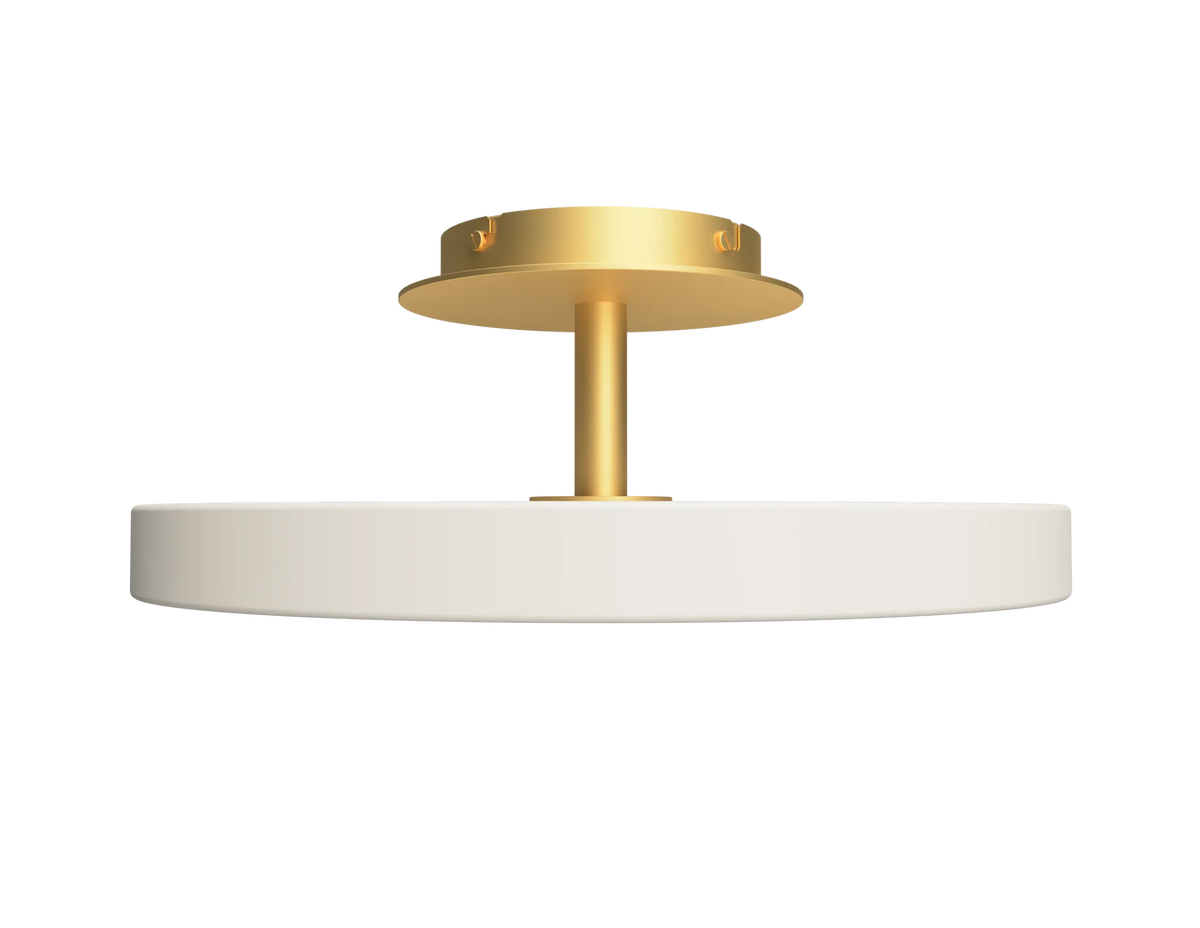 Disc LED ceiling light with brass stem, in pearl white