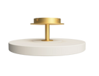 Disc LED ceiling light with brass stem, in pearl white