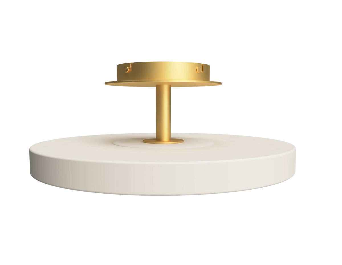 Disc LED ceiling light with brass stem, in pearl white