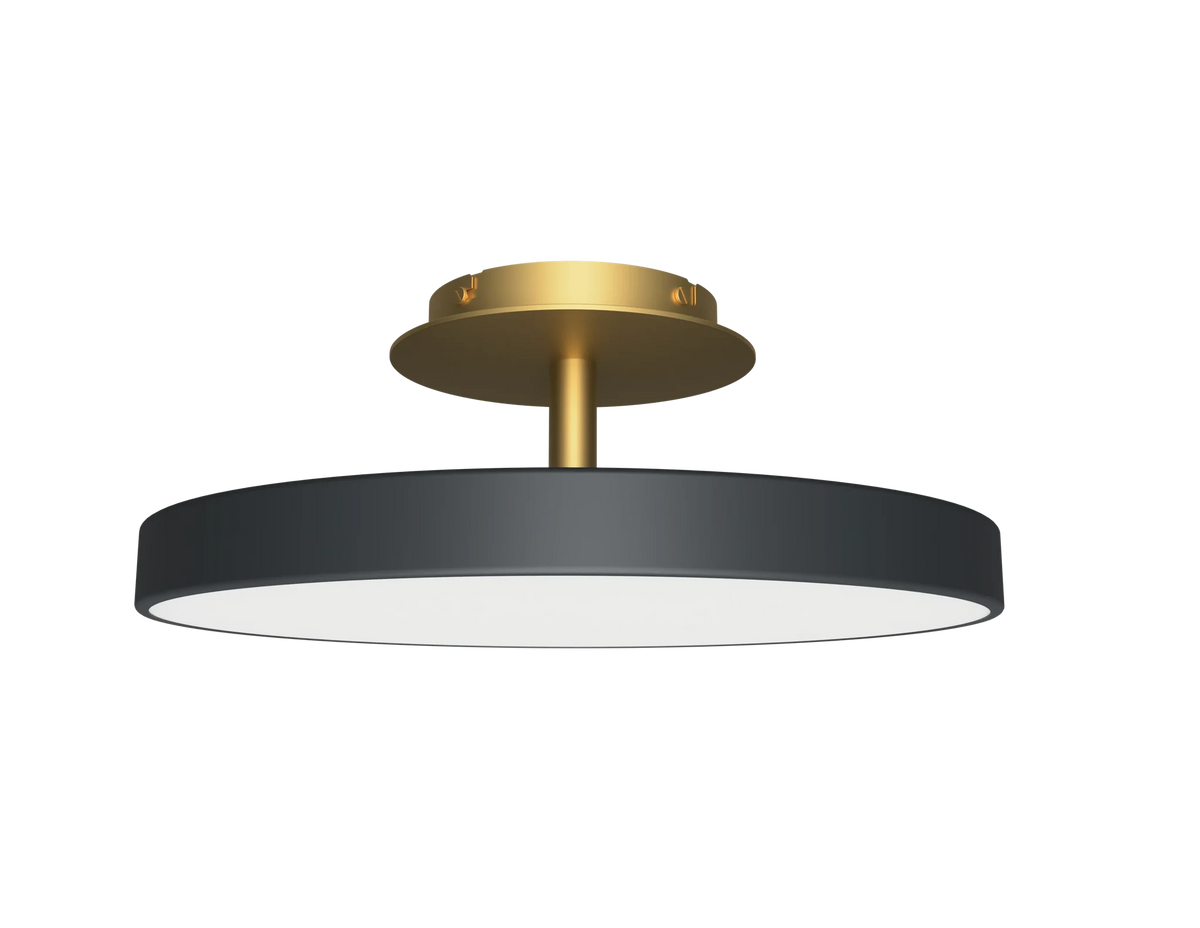 Disc LED ceiling light with brass stem, in anthracite grey