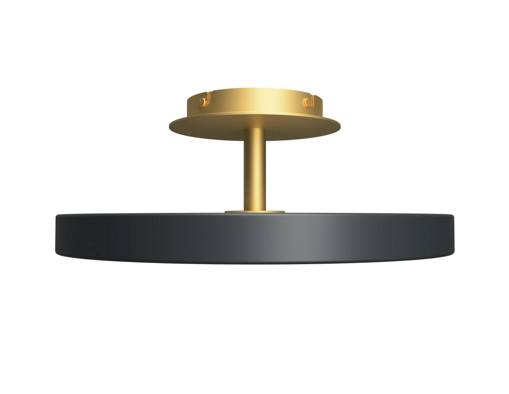 Disc LED ceiling light with brass stem, in anthracite grey