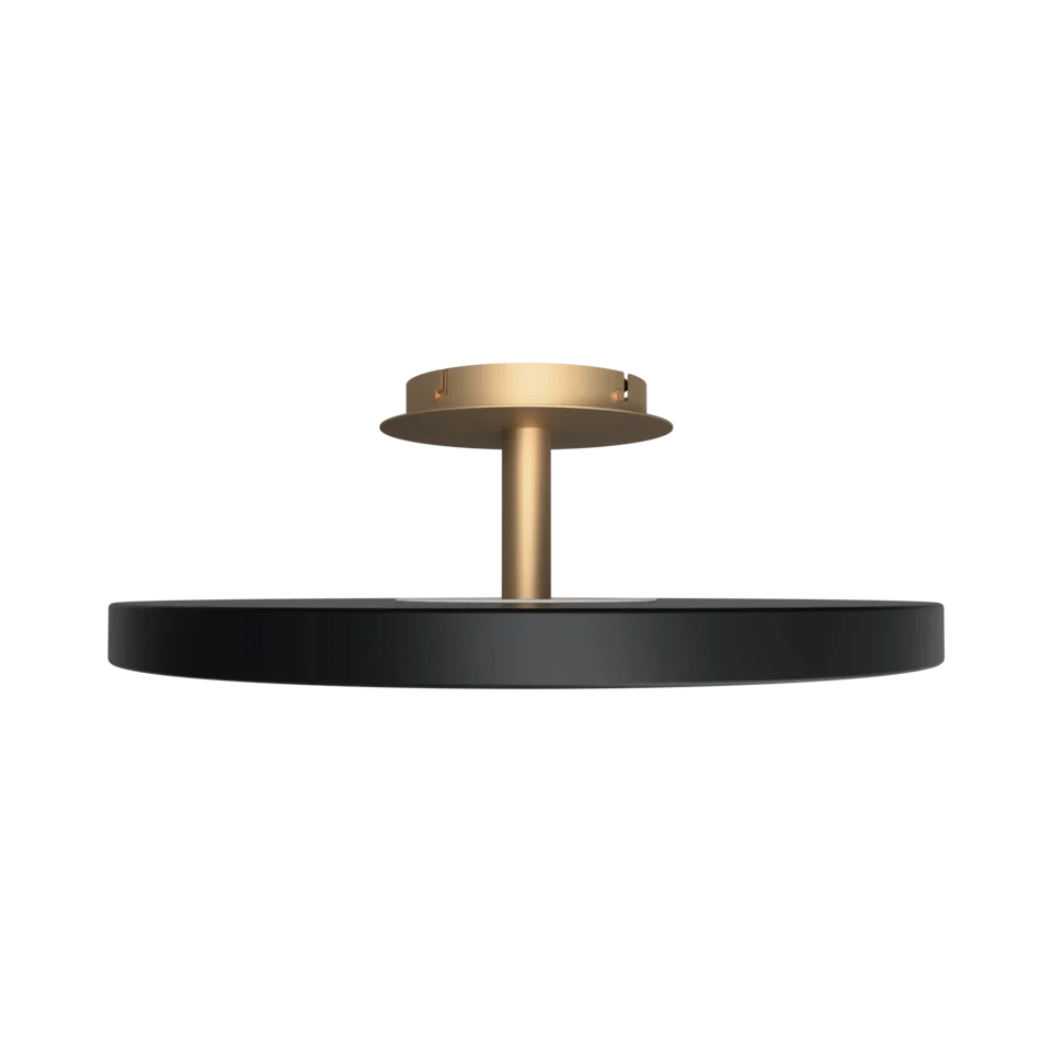 Disc LED ceiling light with brass stem, in anthracite grey