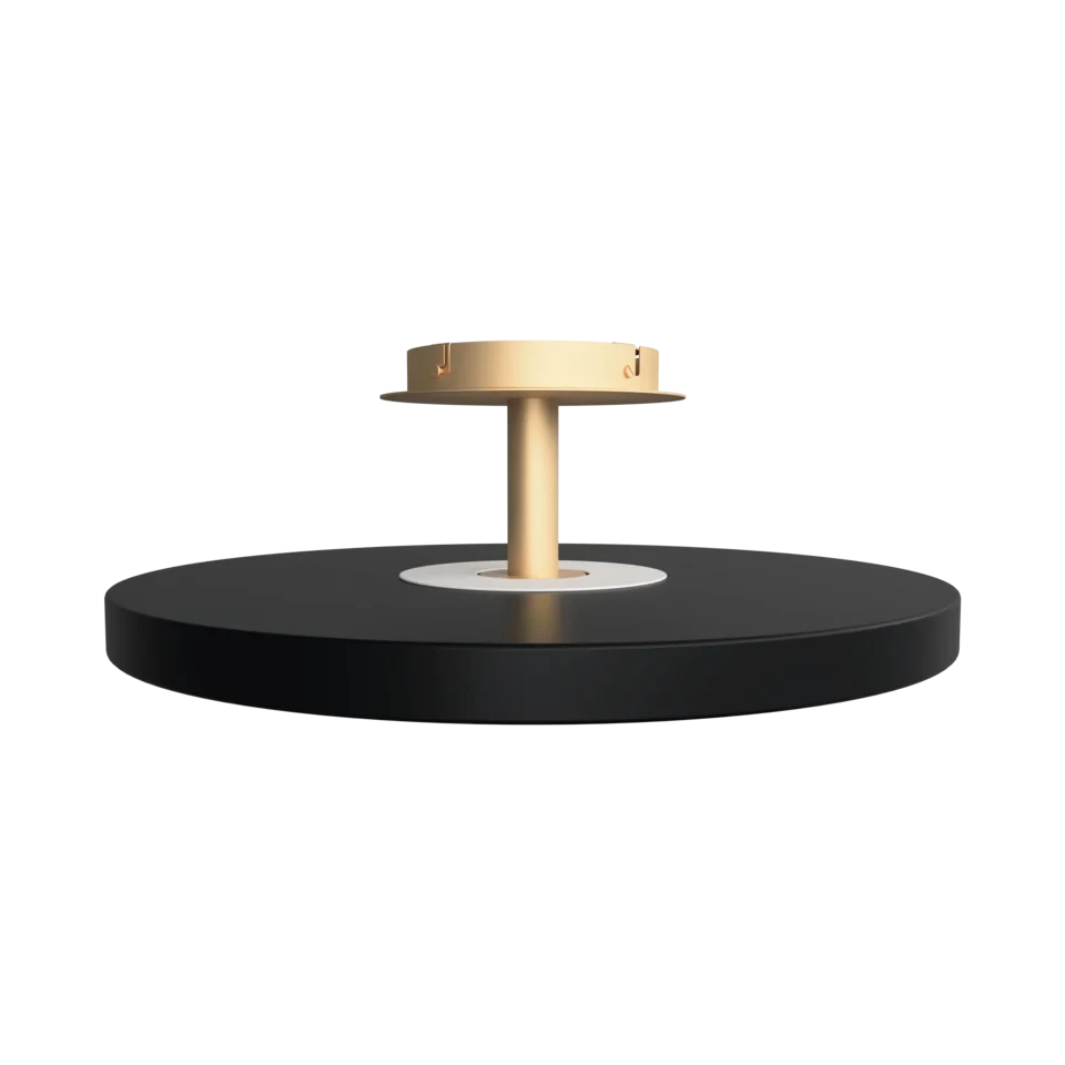 Disc LED ceiling light with brass stem, in anthracite grey