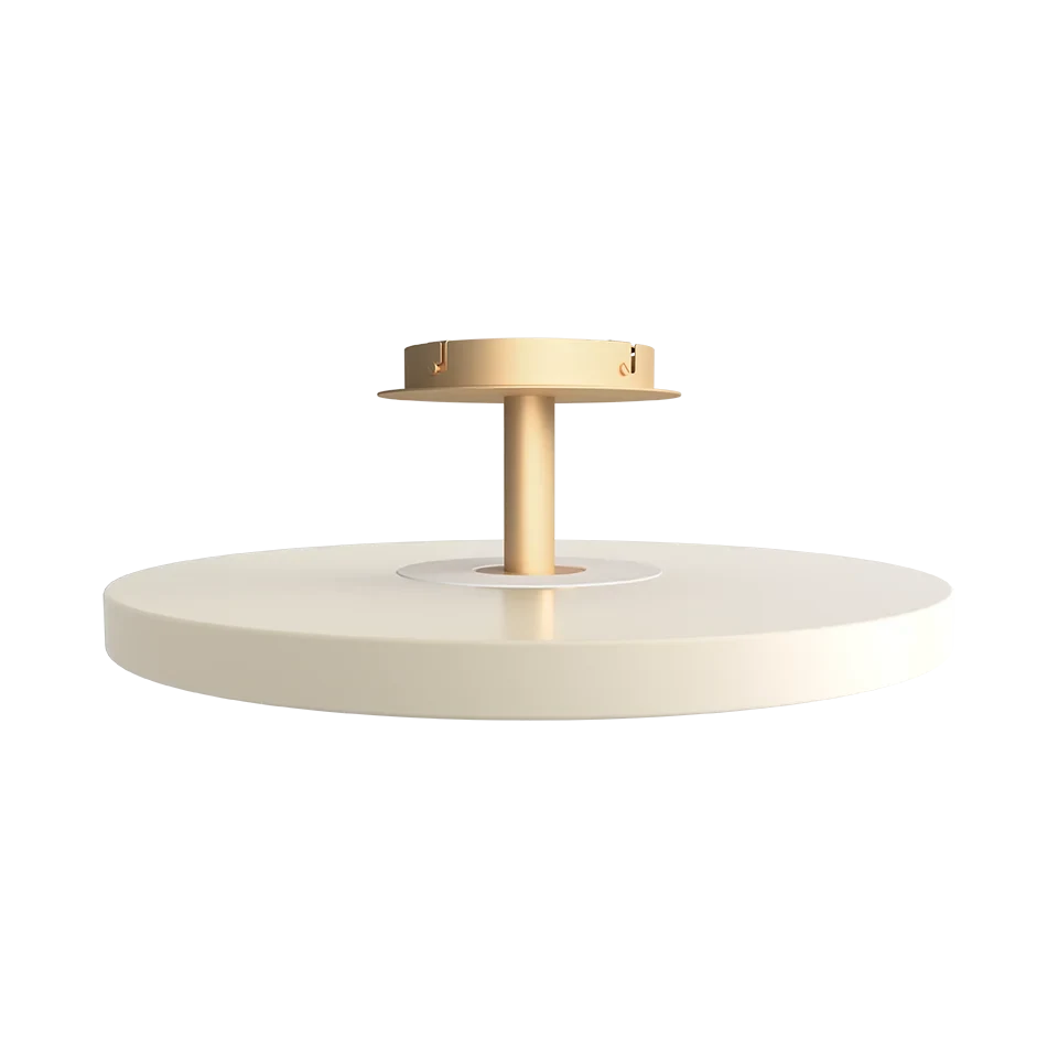 Disc LED ceiling light with brass stem, in pearl white