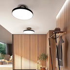 Disc LED ceiling light with brass stem, in anthracite grey, above a wardrobe area