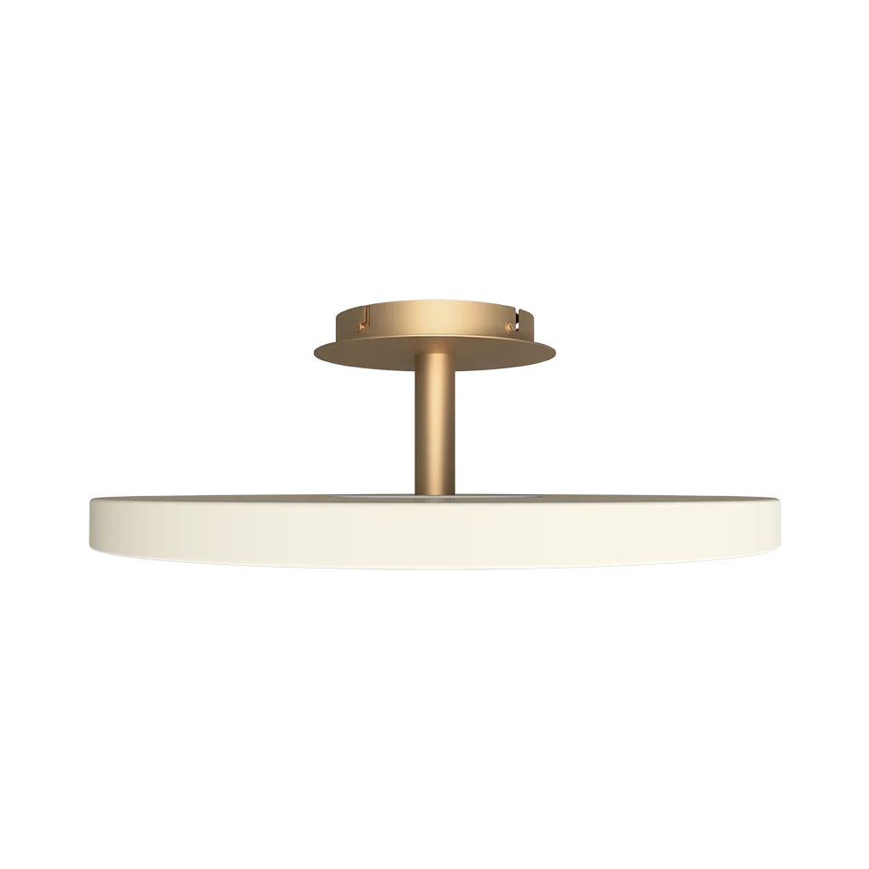 Disc LED ceiling light with brass stem, in pearl white
