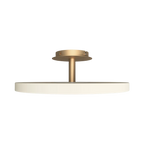 Disc LED ceiling light with brass stem, in pearl white