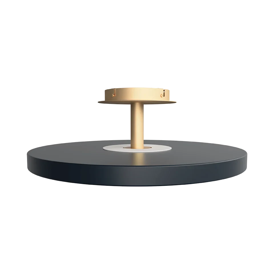 Disc LED ceiling light with brass stem, in anthracite grey