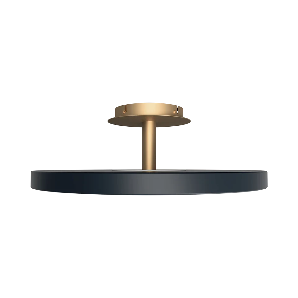 Disc LED ceiling light with brass stem, in anthracite grey