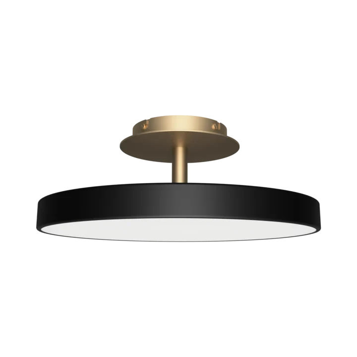 Disc LED ceiling light with brass stem, in anthracite grey