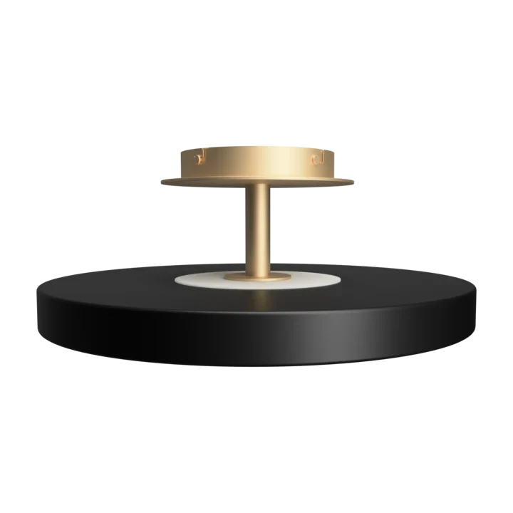 Disc LED ceiling light with brass stem, in anthracite grey
