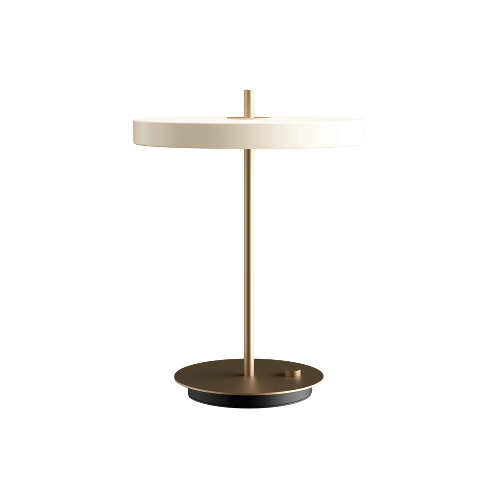 Disc-top LED table lamp with brass stem, in pearl white