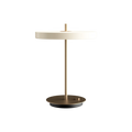 Disc-top LED table lamp with brass stem, in pearl white