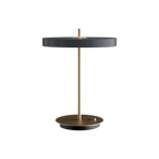 Disc-top LED table lamp with brass stem, in anthracite grey