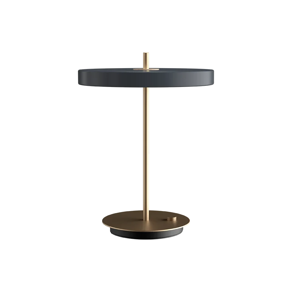 Disc-top LED table lamp with brass stem, in anthracite grey