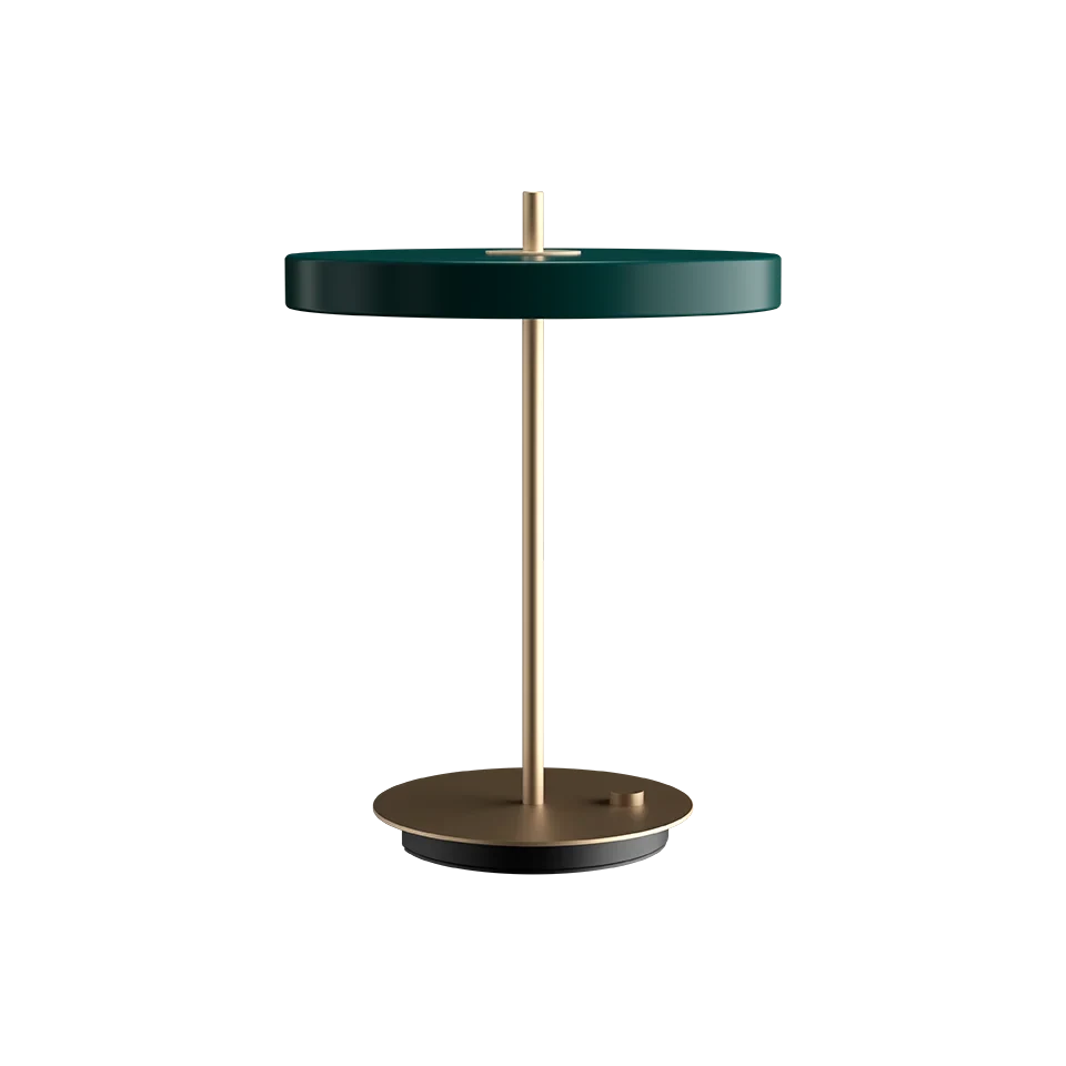 Disc-top LED table lamp with brass stem, in forest green