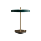 Disc-top LED table lamp with brass stem, in forest green