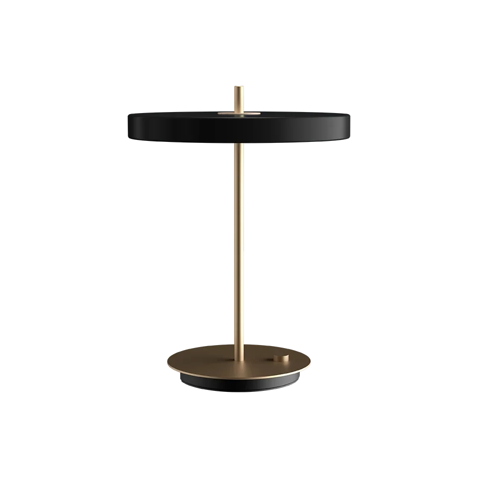 Disc-top LED table lamp with brass stem, in black