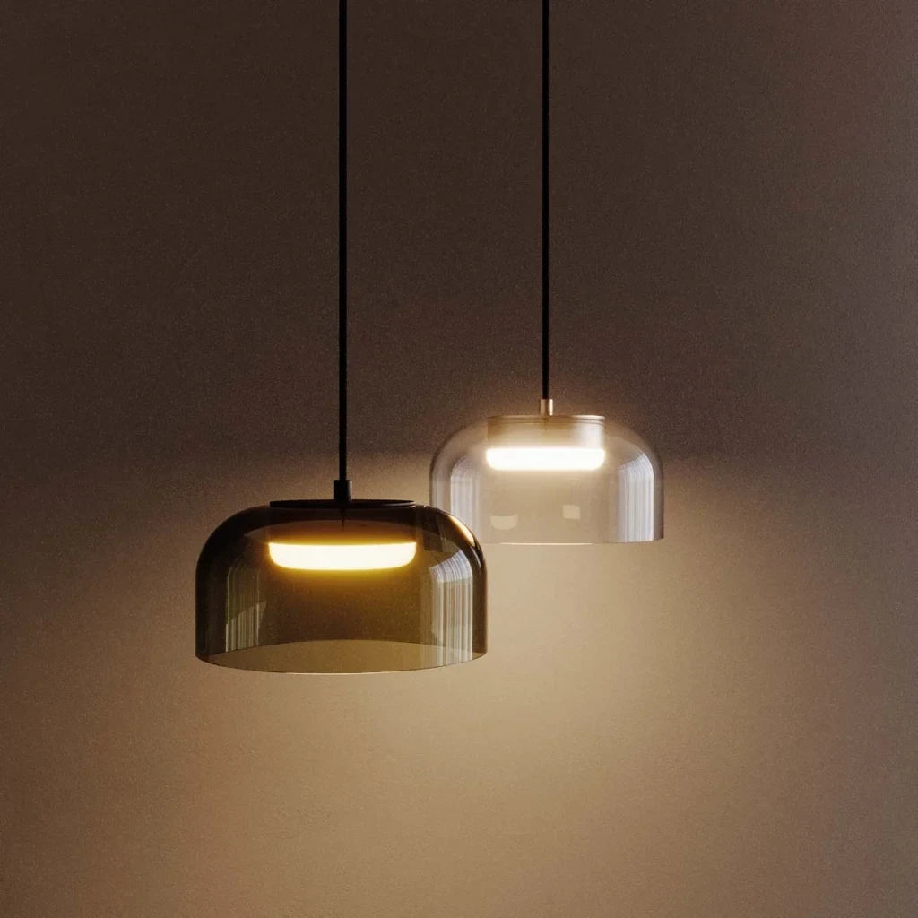 Domed glass pendant with integrated LED, lit, a pair of smoked shades