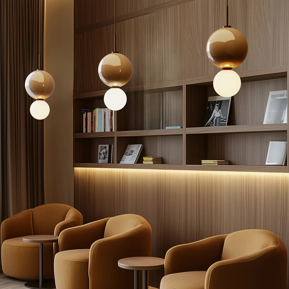 Double glass sphere pendant, group in a lounge