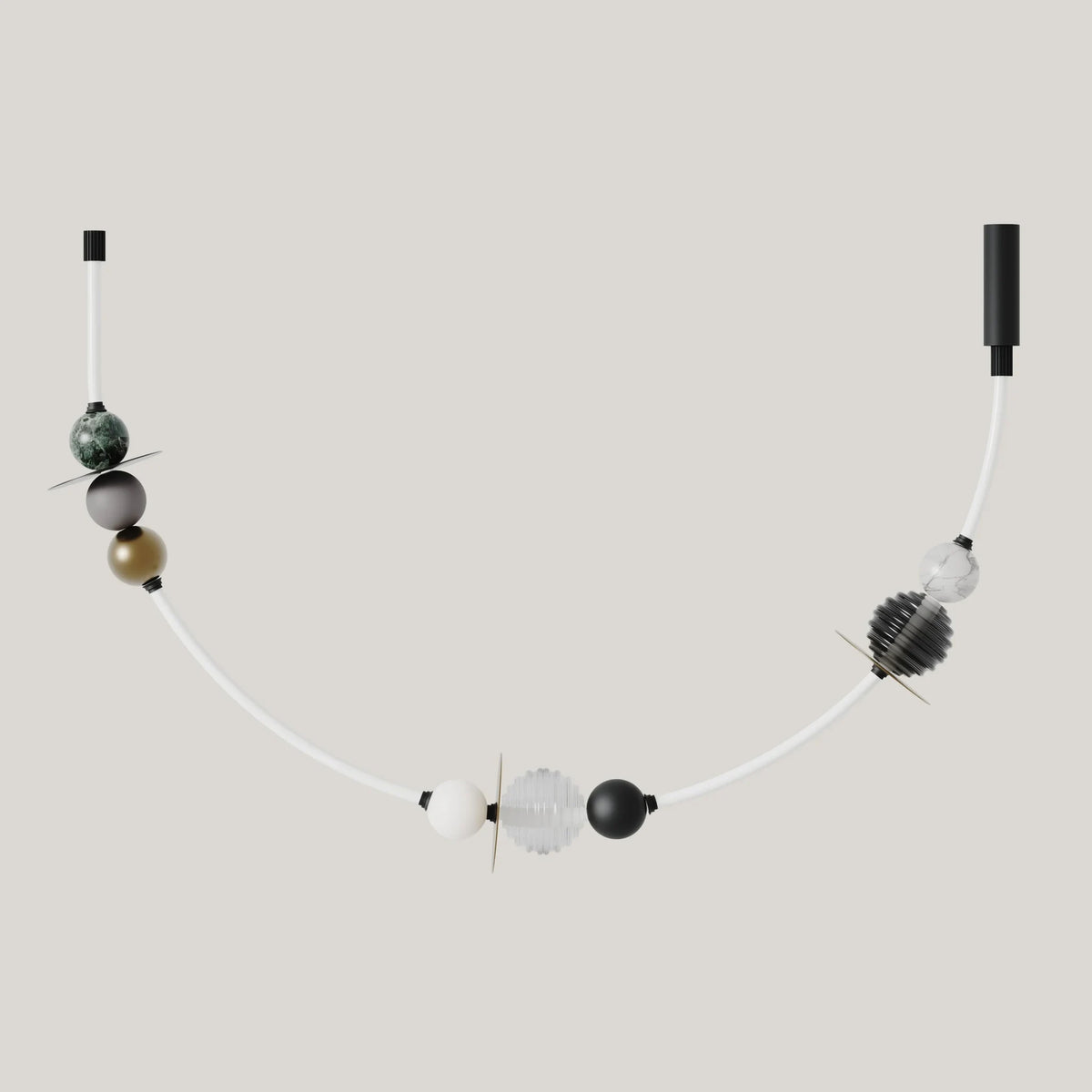 Draped opal tube LED pendant, with its marble, glass and brass beads