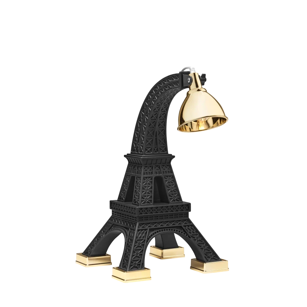 Eiffel Tower table lamp with brass shade, in Black, three-quarter view