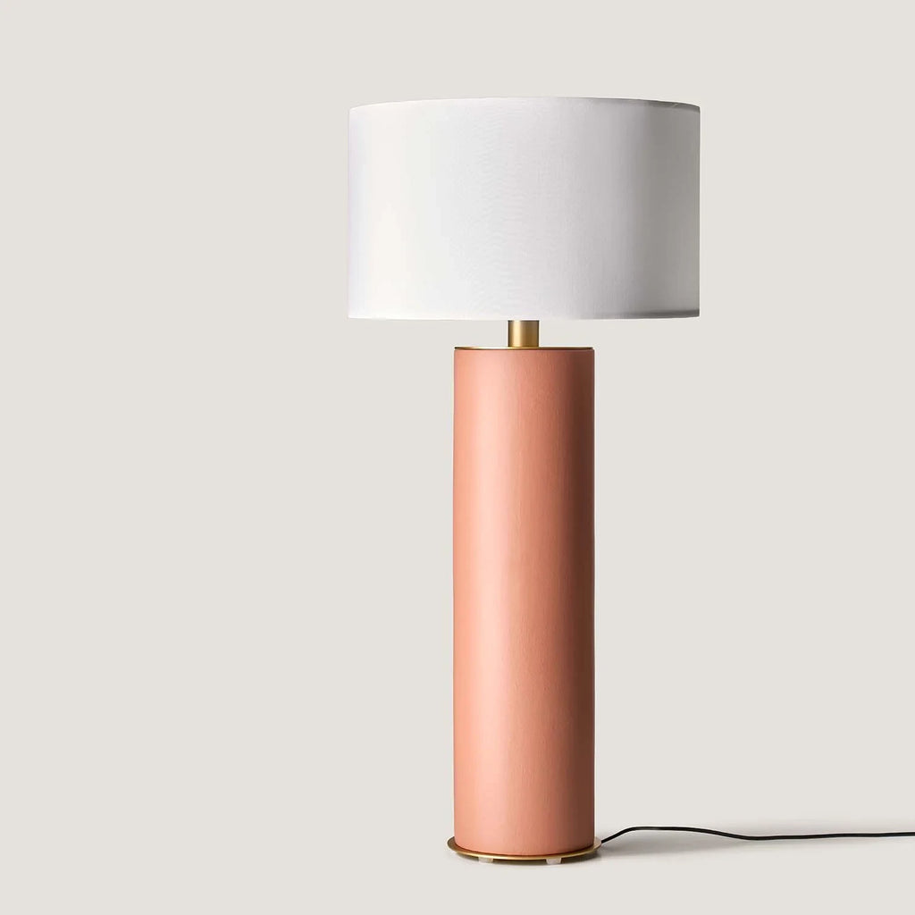 Extra-tall hand-painted ceramic cylinder table lamp, in a pink terracotta colour, shown with a drum shade (sold separately)