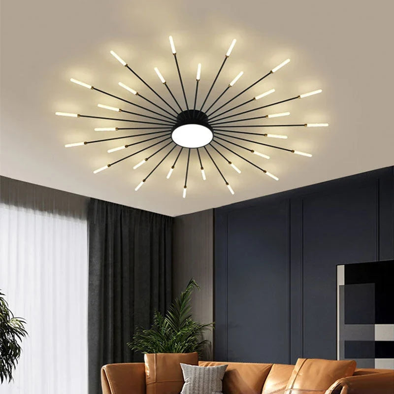 Firework LED ceiling light, in black, lit in a living room