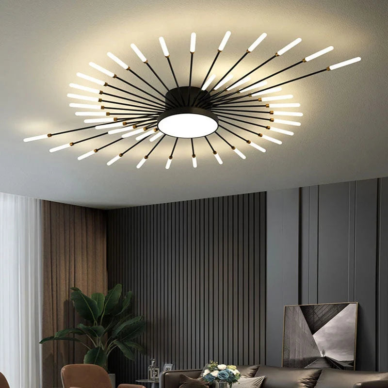 Firework LED ceiling light, in black, lit in a living room