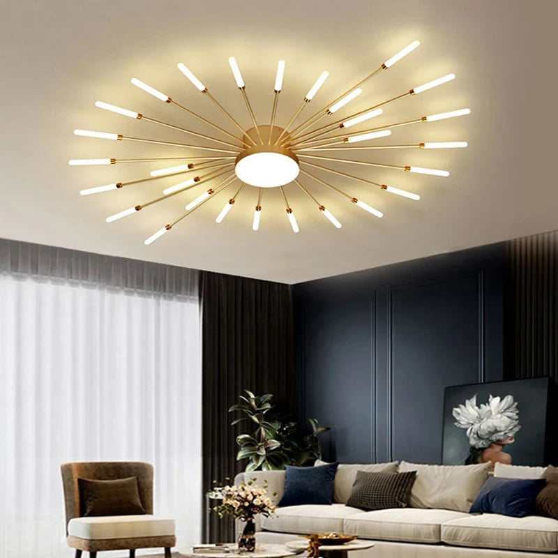 Firework LED ceiling light, in gold, lit in a living room