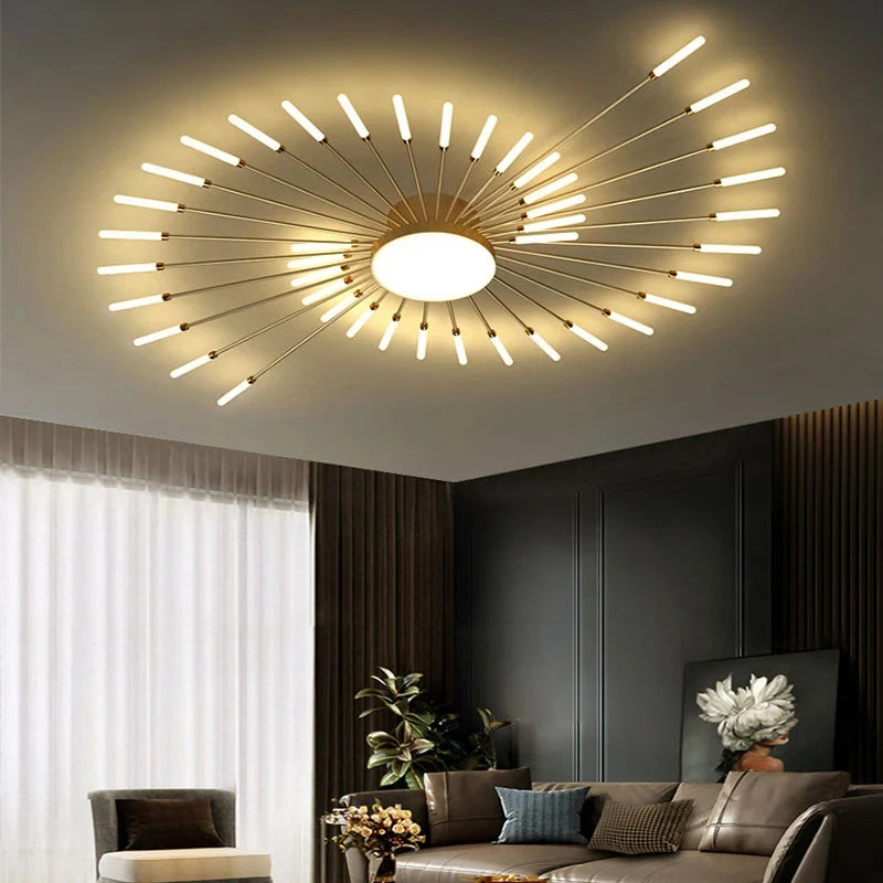 Firework LED ceiling light, in gold, lit in a living room
