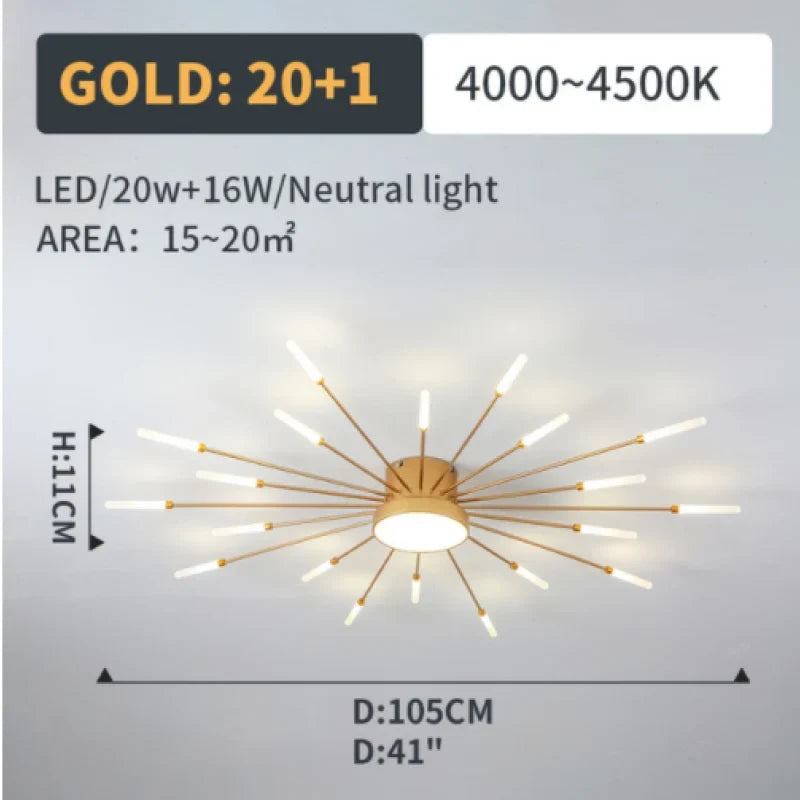 Firework LED ceiling light, gold 20W size card, 105cm