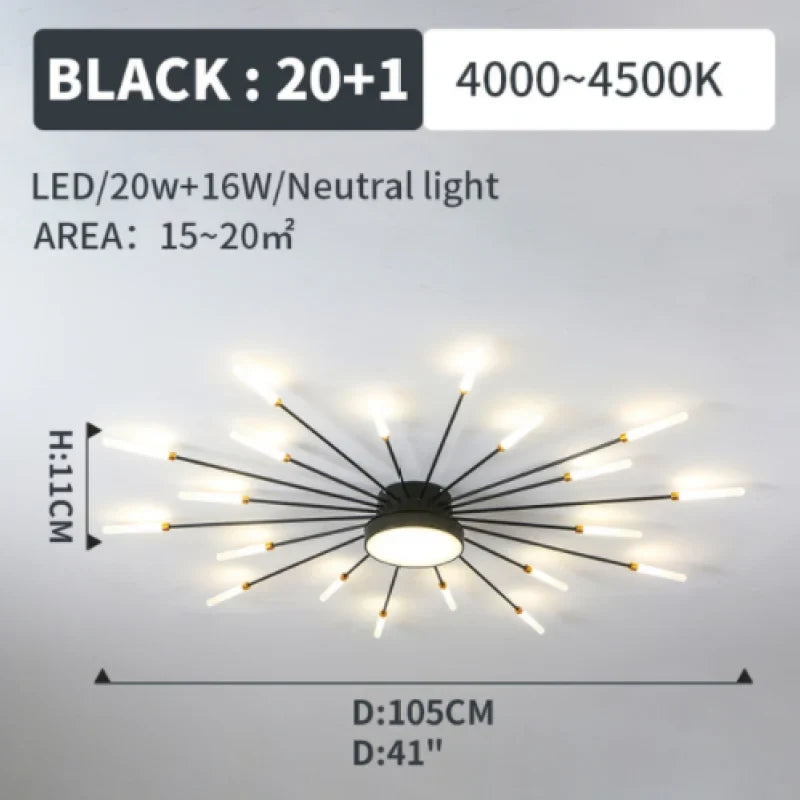 Firework LED ceiling light, black 20W size card, 105cm