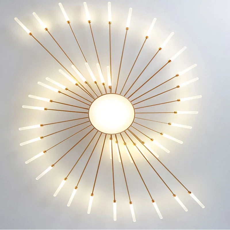 Firework LED ceiling light, in gold, lit, seen from below
