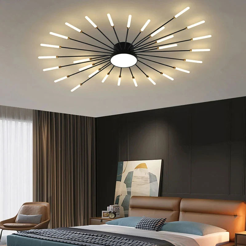 Firework LED ceiling light, in black, lit in a bedroom