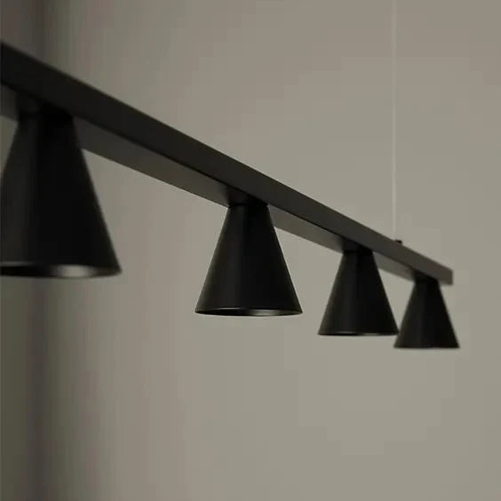 Five-cone adjustable linear LED pendant, close-up of the cone heads