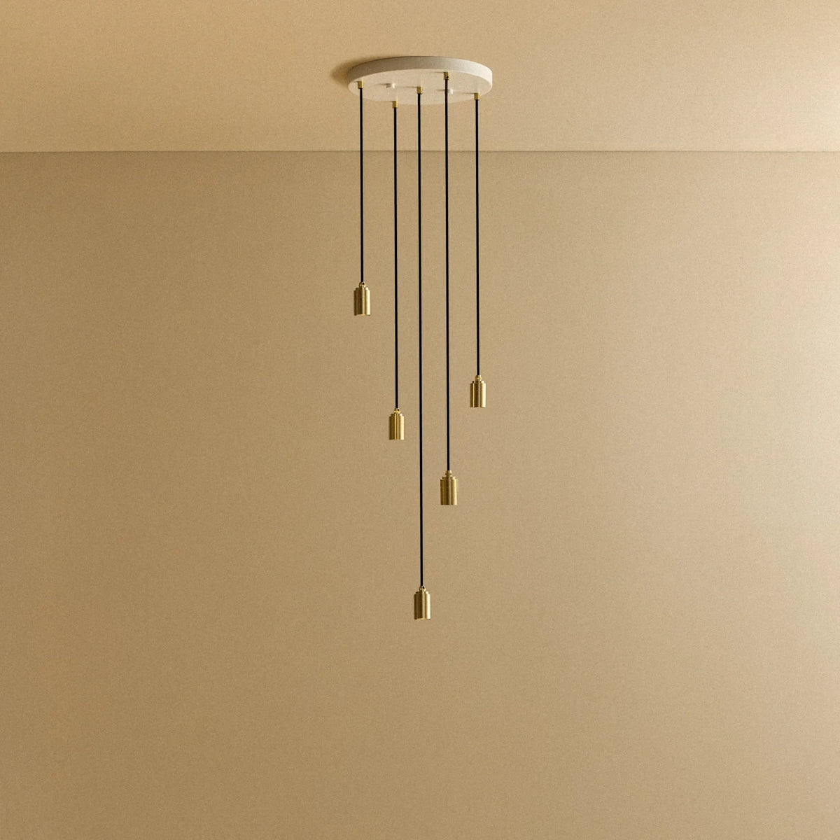 Five-drop cluster pendant, brass, without bulbs, on a white canopy