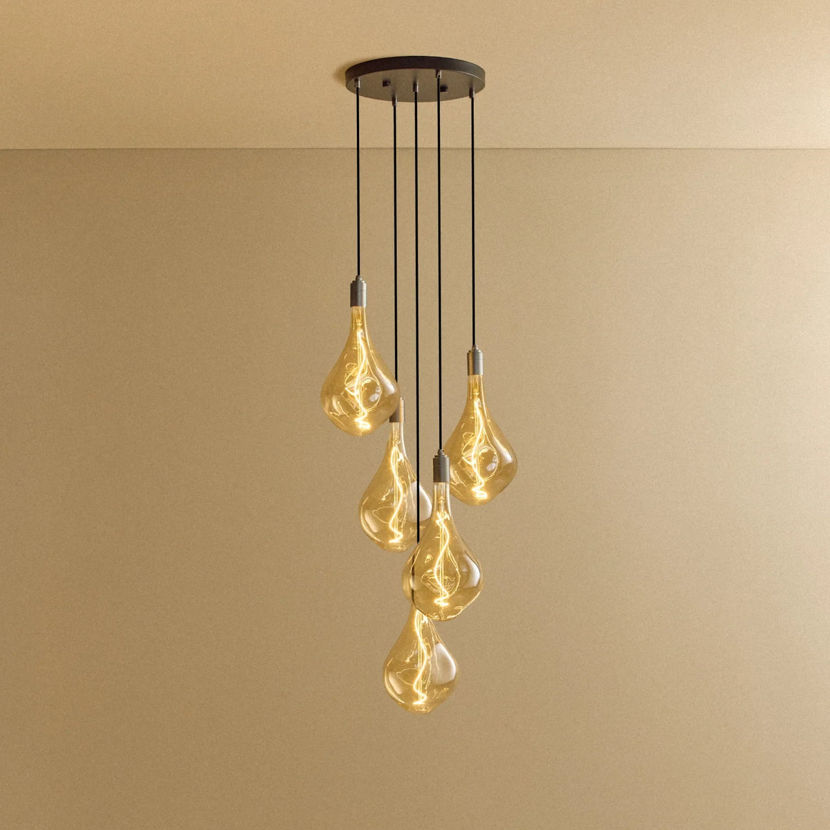 Five-drop cluster pendant with tinted sculptural bulbs, graphite, lit, against a plain wall
