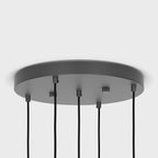 Five-drop cluster pendant with tinted sculptural bulbs, graphite, close-up of the round canopy