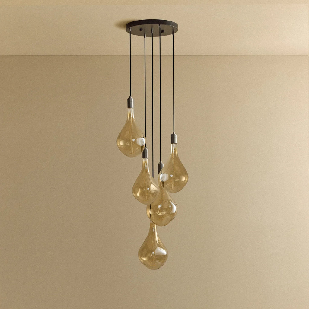 Five-drop cluster pendant with tinted sculptural bulbs, graphite, unlit