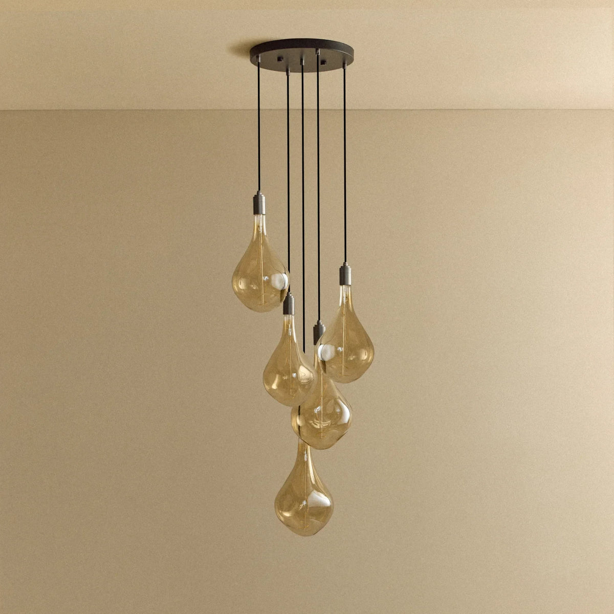 Five-drop cluster pendant with tinted sculptural bulbs, graphite, unlit