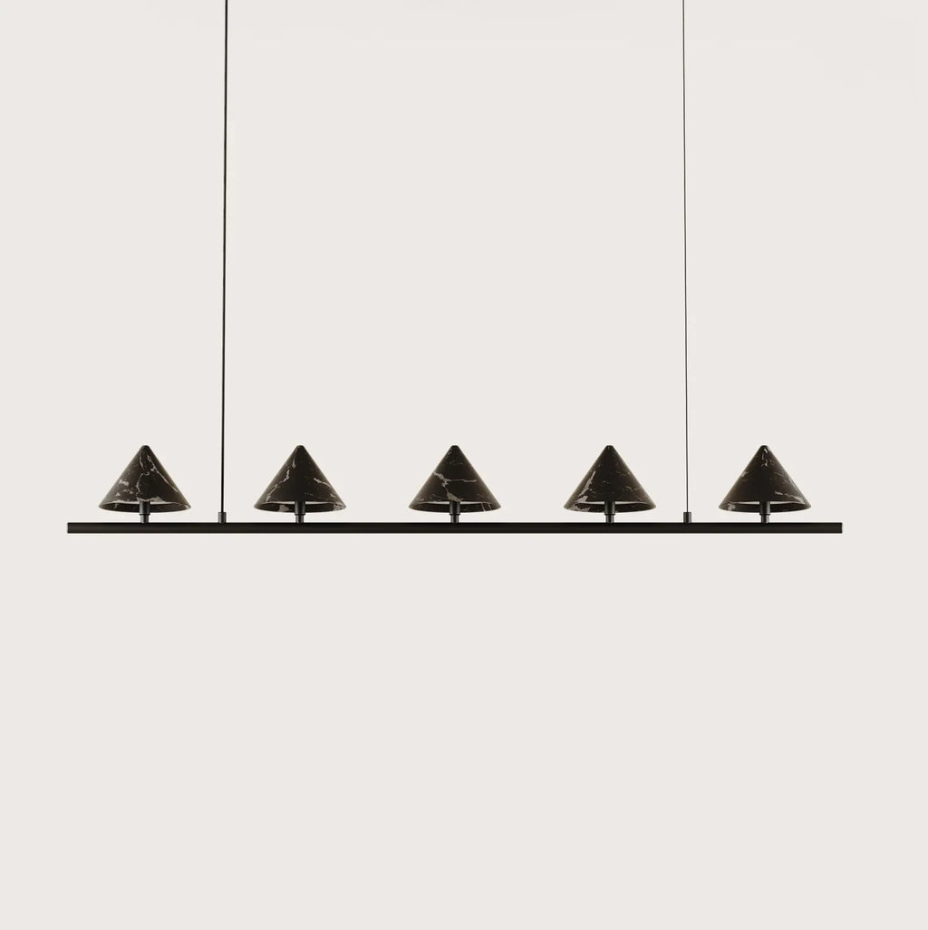 Five marble cone linear LED pendant, in matte black with black marble