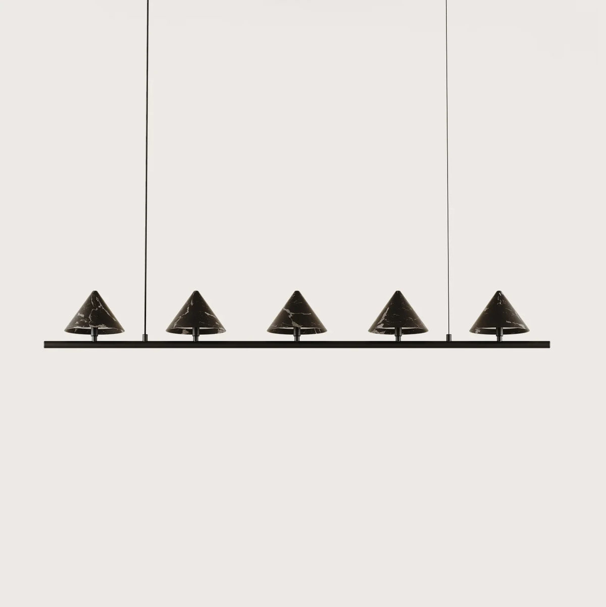 Five marble cone linear LED pendant, in matte black with black marble