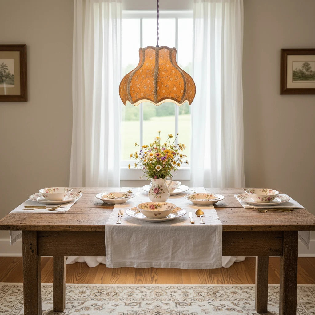 Floral linen pendant light with scalloped shade