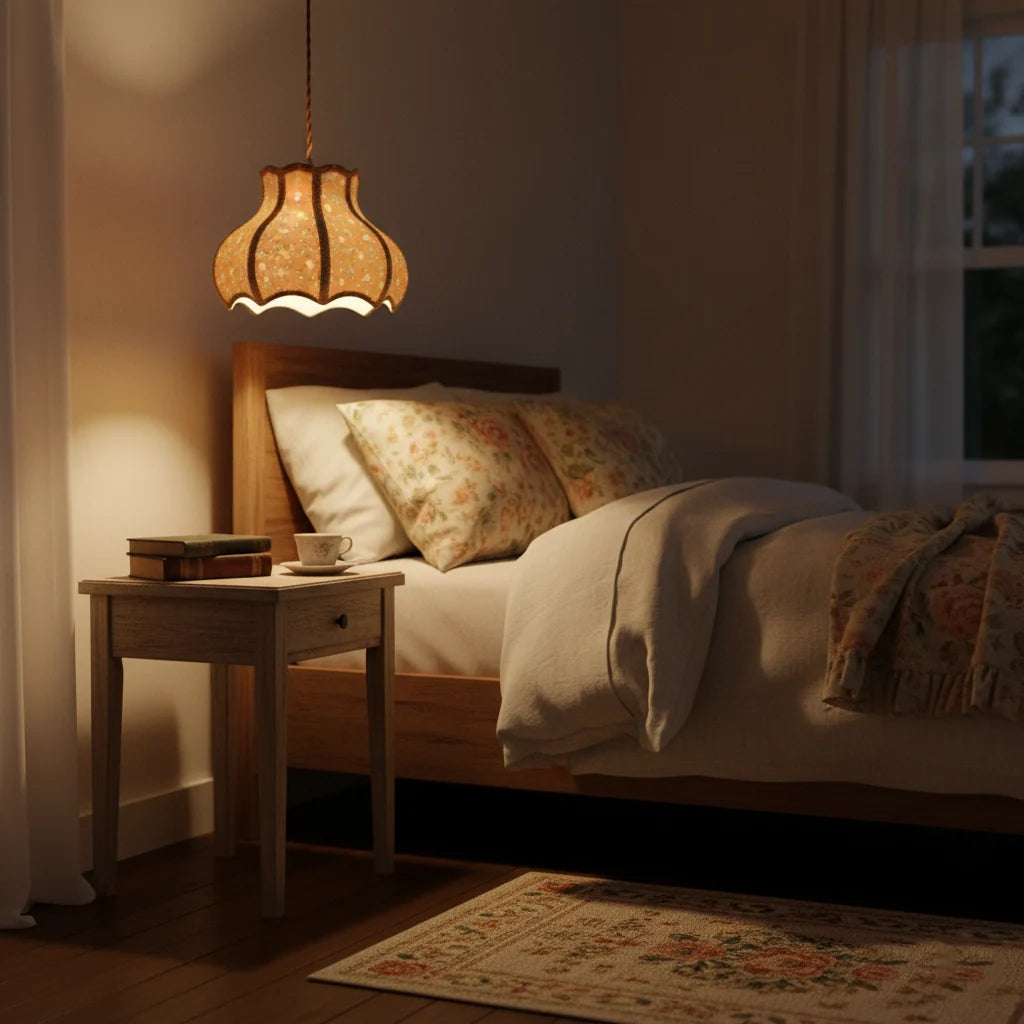 Floral linen pendant light with scalloped shade
