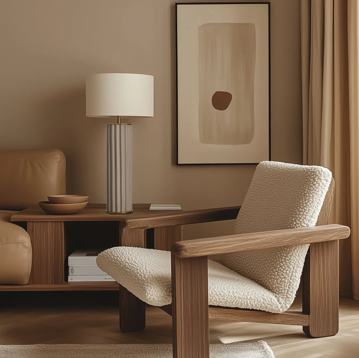 Fluted ceramic column table lamp, beside an armchair, with a shade (not included)